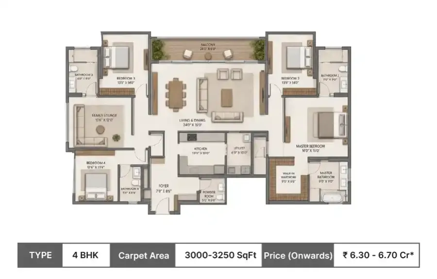 Lodha Hopefarm Whitefield 4 BHK floor plan, 3000 sq ft saleable area